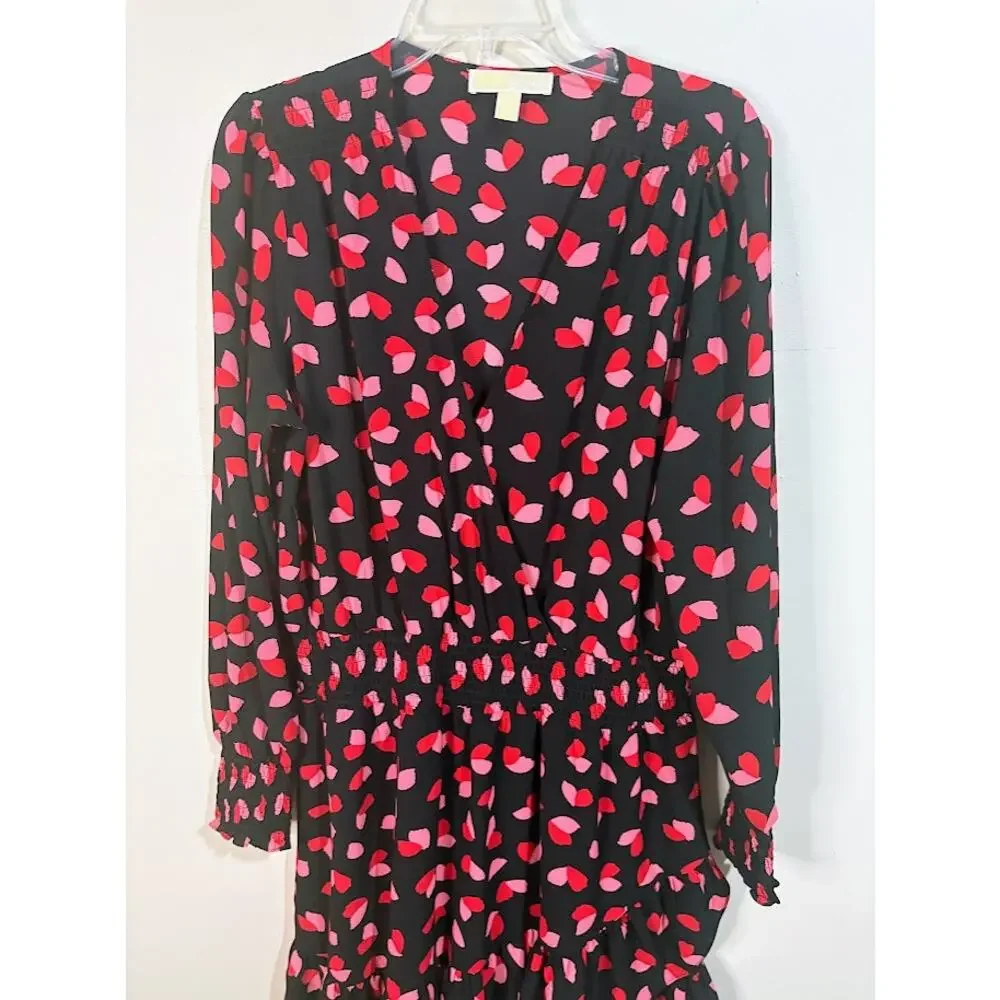 Michael Kors Red‎ Pink Black Long Sleeve Petal Crepe Wrap Ruffle Dress Size XL